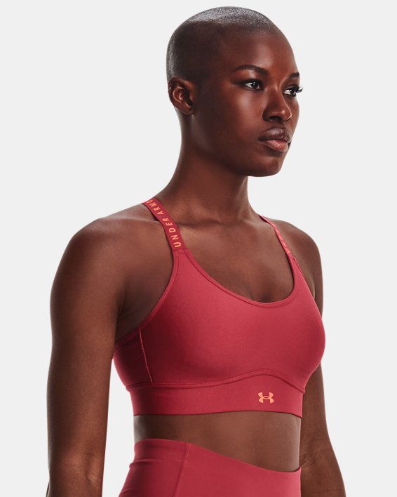 Women's UA Infinity Mid Covered Sports Bra, Red, pdpMainDesktop image number 0